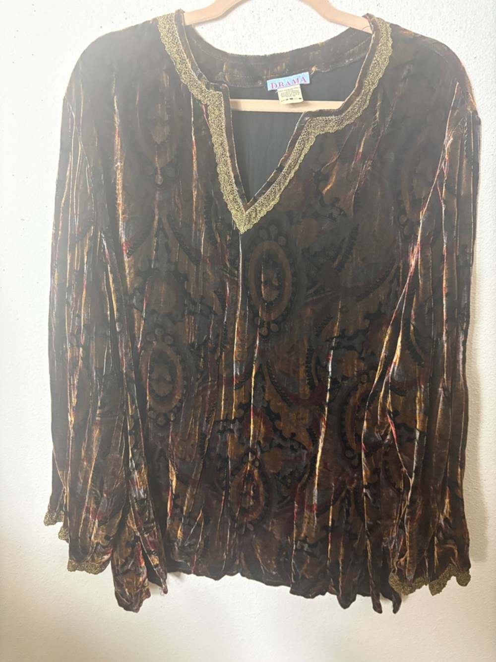 Drama Velvet Boho V-Neck Tunic in Brown with Gold Trim